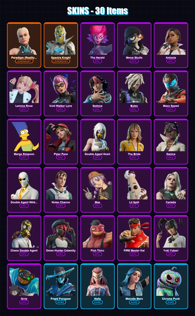 [PC/PSN] | Paradigm (Reality-659) | Spectra Knight | The Herald | Meow Skulls | Antonia | 30 skin | 28 pickaxe | 20 emote | 21 glider | Lv266 — Fortnite account