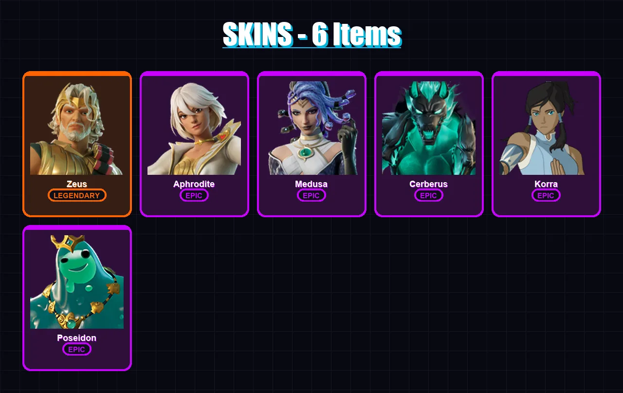 [PC/XBOX/PSN] | Zeus | Aphrodite | Medusa | Cerberus | Korra | 6 skin | 23 pickaxe | 17 emote | 20 glider | Lv194