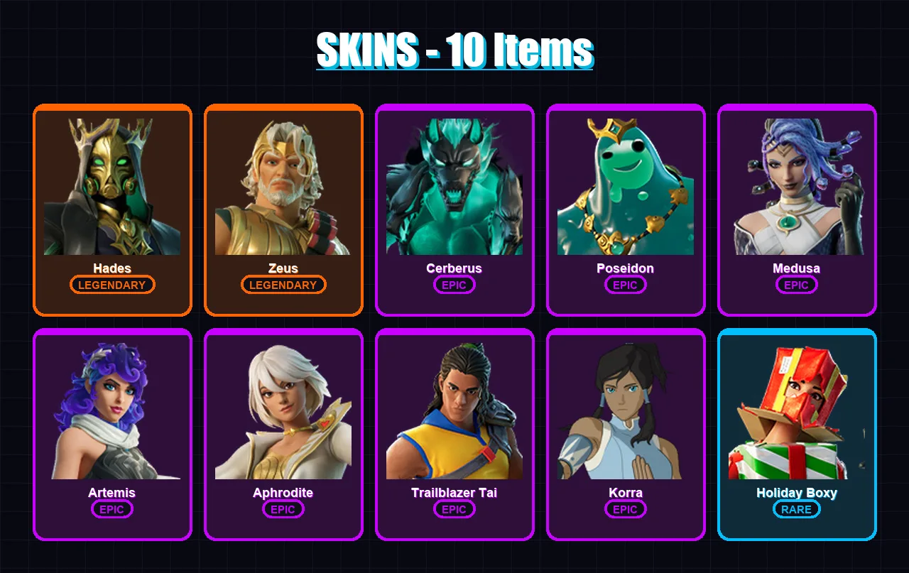 [PC/XBOX/PSN] | Hades | Zeus | Cerberus | Poseidon | Medusa | 10 skin | 32 pickaxe | 18 emote | 32 glider | Lv623