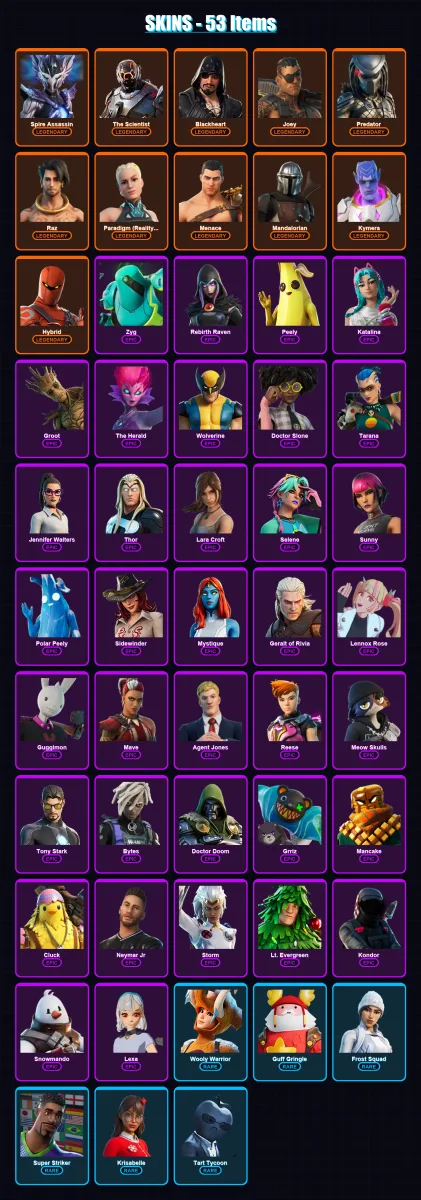 [PC/XBOX] | Spire Assassin | The Scientist | Blackheart | Joey | Predator | 53 skin | 83 pickaxe | 82 emote | 82 glider | Lv1485