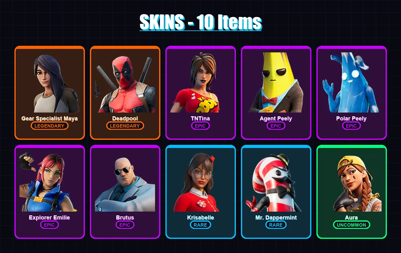 [PS4/PS5/XBOX/PC] | Gear Specialist Maya | Deadpool | TNTina | Agent Peely | Polar Peely | 10 skin | 19 pickaxe | 20 emote | 16 glider | Lv248