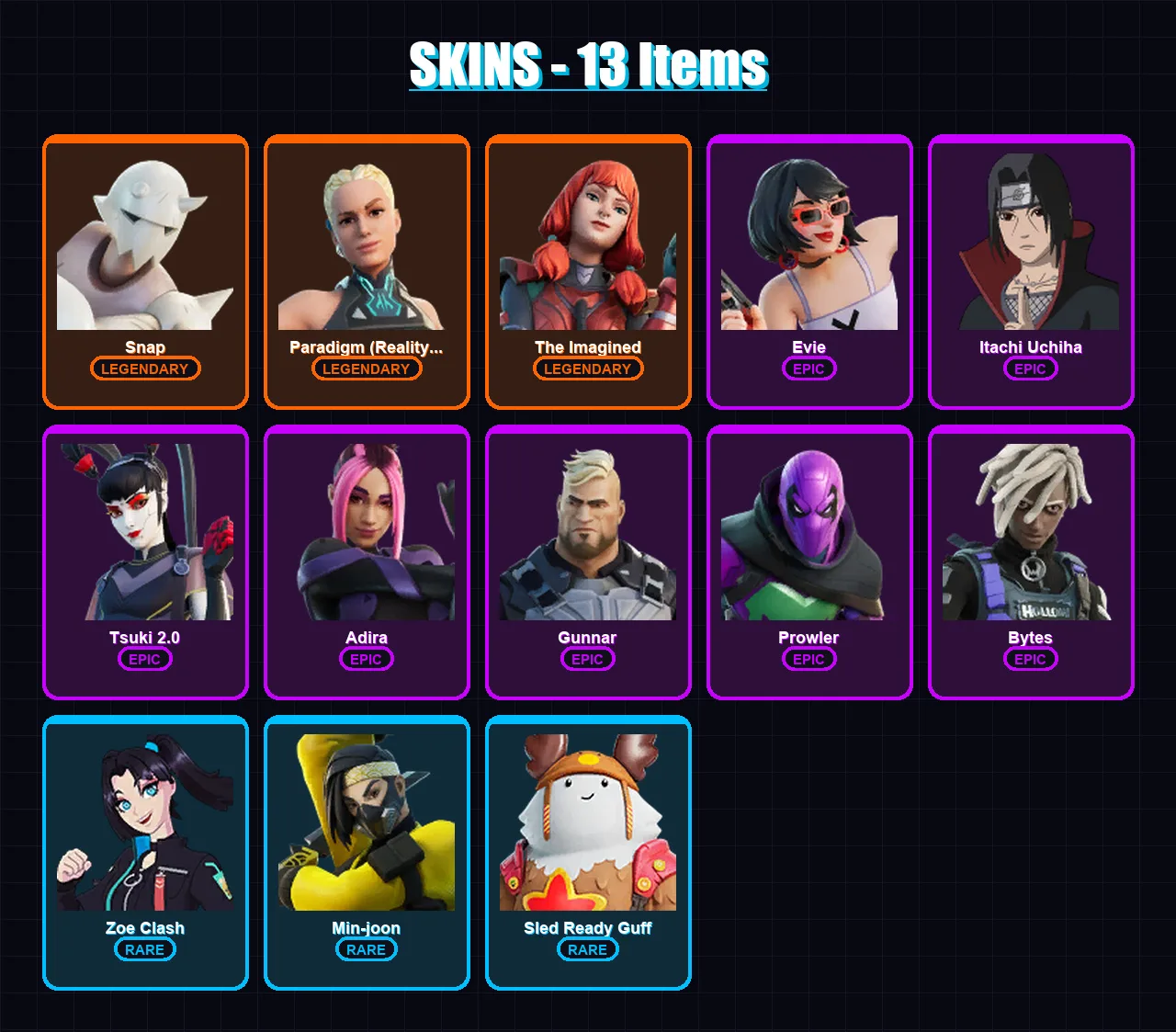 [PC/XBOX/PSN] | Snap | Paradigm (Reality-659) | The Imagined | Evie | Itachi Uchiha | 13 skin | 17 pickaxe | 13 emote | 22 glider | Lv212