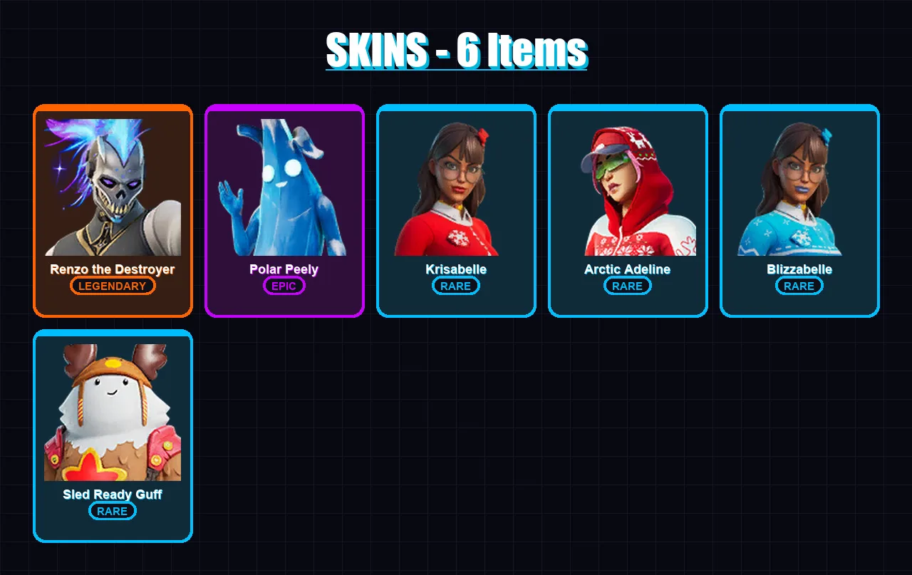 [PC/XBOX/PSN] | Renzo the Destroyer | Polar Peely | Krisabelle | Arctic Adeline | Blizzabelle | 6 skin | 12 pickaxe | 9 emote | 15 glider | Lv128