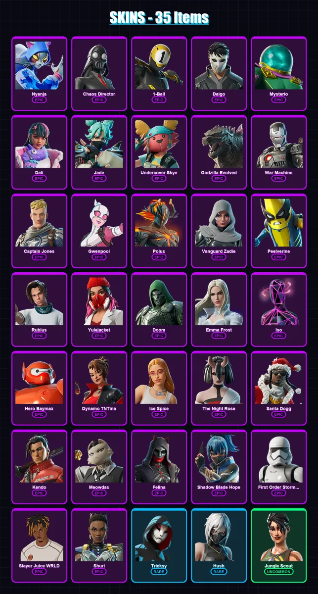 [PC/PSN] | Nyanja | Chaos Director | 1-Ball | Daigo | Mysterio | 35 skin | 68 pickaxe | 48 emote | 43 glider | Lv1287