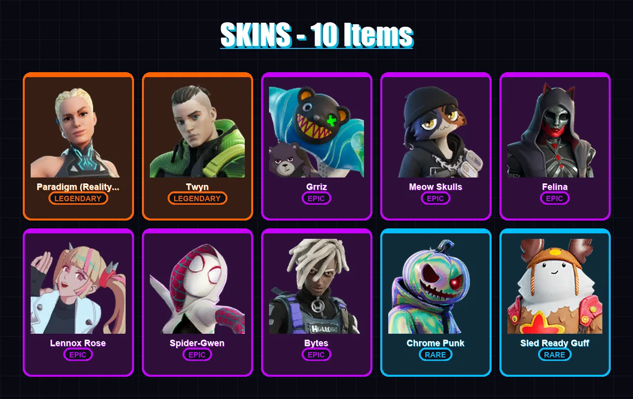 [PC/XBOX/PSN] | Paradigm (Reality-659) | Twyn | Grriz | Meow Skulls | Felina | 10 skin | 28 pickaxe | 17 emote | 23 glider | Lv347