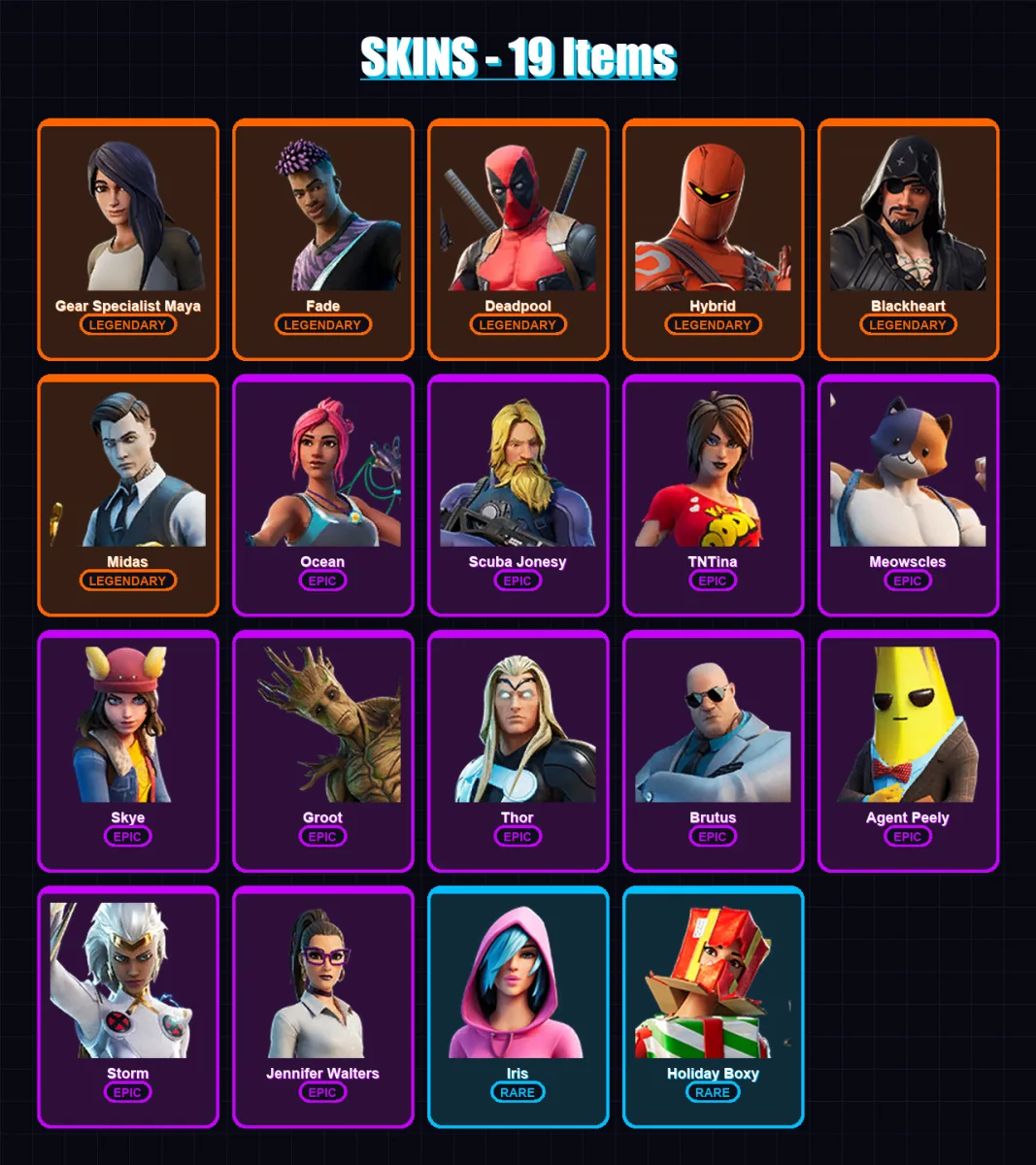 [PC/XBOX/PSN] | Gear Specialist Maya | Fade | Deadpool | Hybrid | Blackheart | 19 skin | 27 pickaxe | 24 emote | 29 glider | Lv370 — Fortnite account