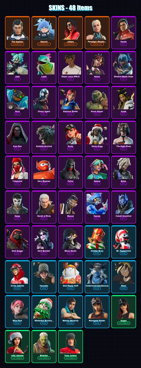 [PC/XBOX] | The Ageless | Nezumi | Joltara | Paradigm (Reality-659) | Kendo | 48 skin | 71 pickaxe | 38 emote | 51 glider | Lv931 — Fortnite account