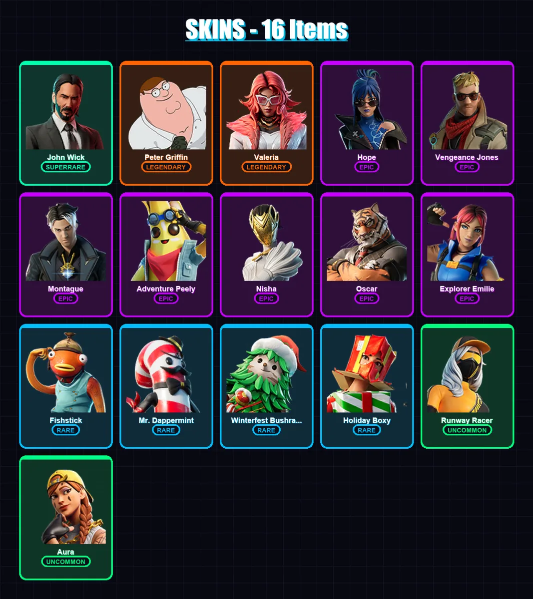 [SWITCH/XBOX/PC] | John Wick | Peter Griffin | Valeria | Hope | Vengeance Jones | 16 skin | 12 pickaxe | 11 emote | 9 glider | Lv108