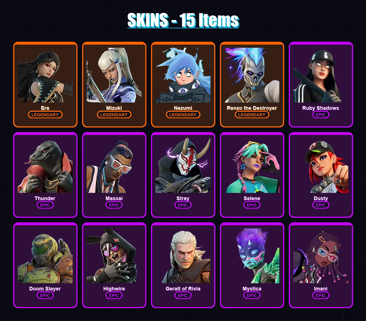 [PC/XBOX/PSN] | Era | Mizuki | Nezumi | Renzo the Destroyer | Ruby Shadows | 15 skin | 17 pickaxe | 21 emote | 27 glider | Lv226