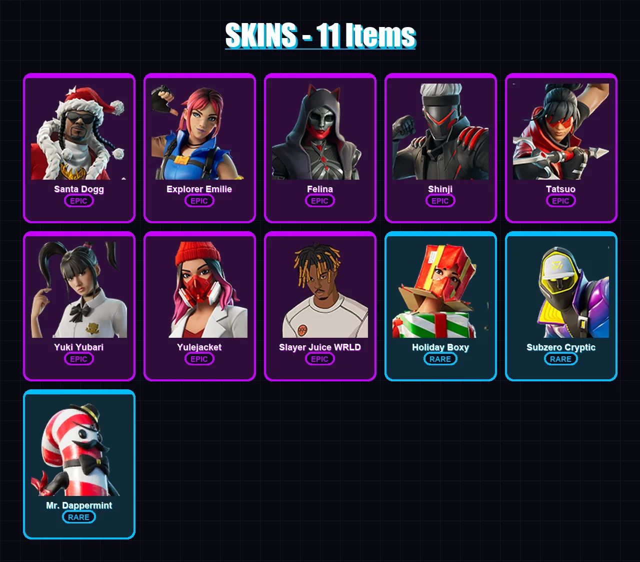 [PS4/PS5/XBOX/PC] | Santa Dogg | Explorer Emilie | Felina | Shinji | Tatsuo | 11 skin | 37 pickaxe | 19 emote | 21 glider | Lv252