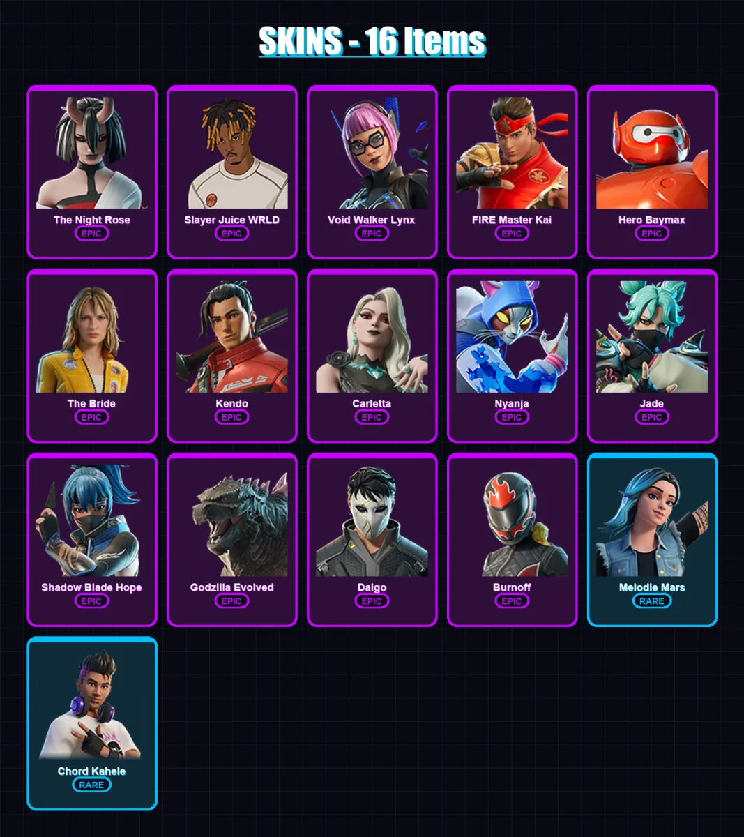 [PC] | The Night Rose | Slayer Juice WRLD | Void Walker Lynx | FIRE Master Kai | Hero Baymax | 16 skin | 26 pickaxe | 16 emote | 14 glider | Lv119