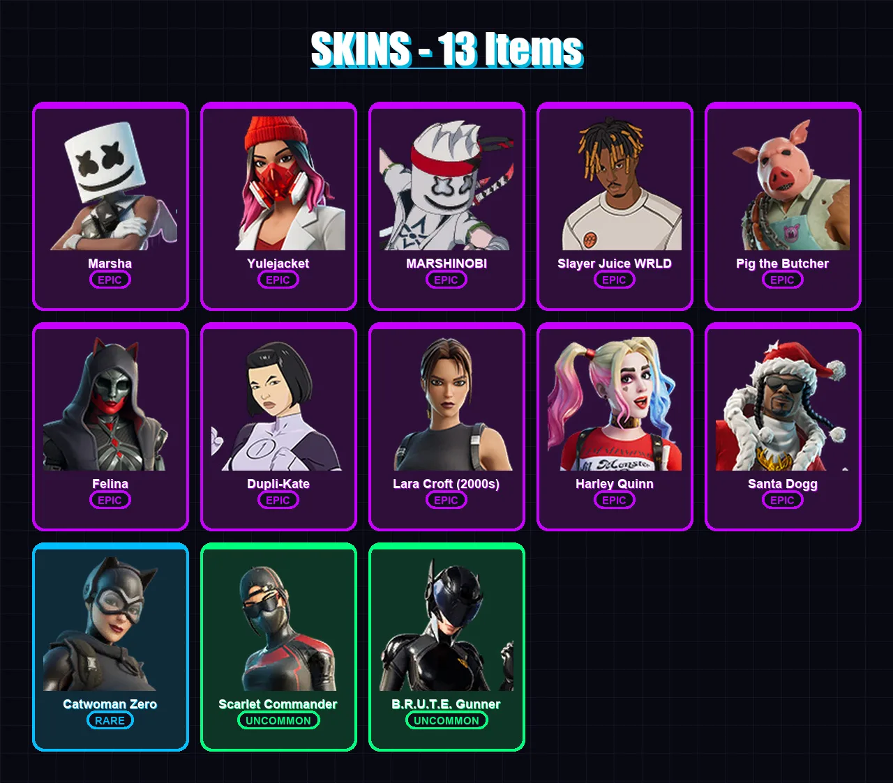 [PS4/PS5/XBOX/PC] | Marsha | Yulejacket | MARSHINOBI | Slayer Juice WRLD | Pig the Butcher | 13 skin | 54 pickaxe | 25 emote | 30 glider | Lv661