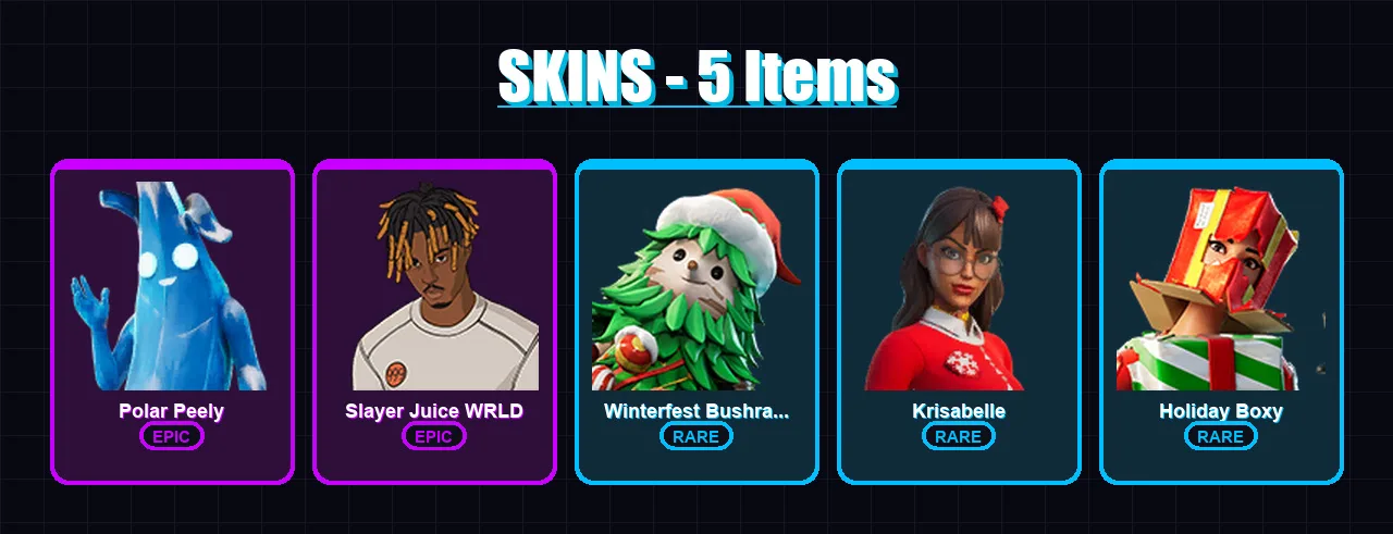 [PC/PSN] | Polar Peely | Slayer Juice WRLD | Winterfest Bushranger | Krisabelle | Holiday Boxy | 5 skin | 19 pickaxe | 12 emote | 18 glider | Lv294
