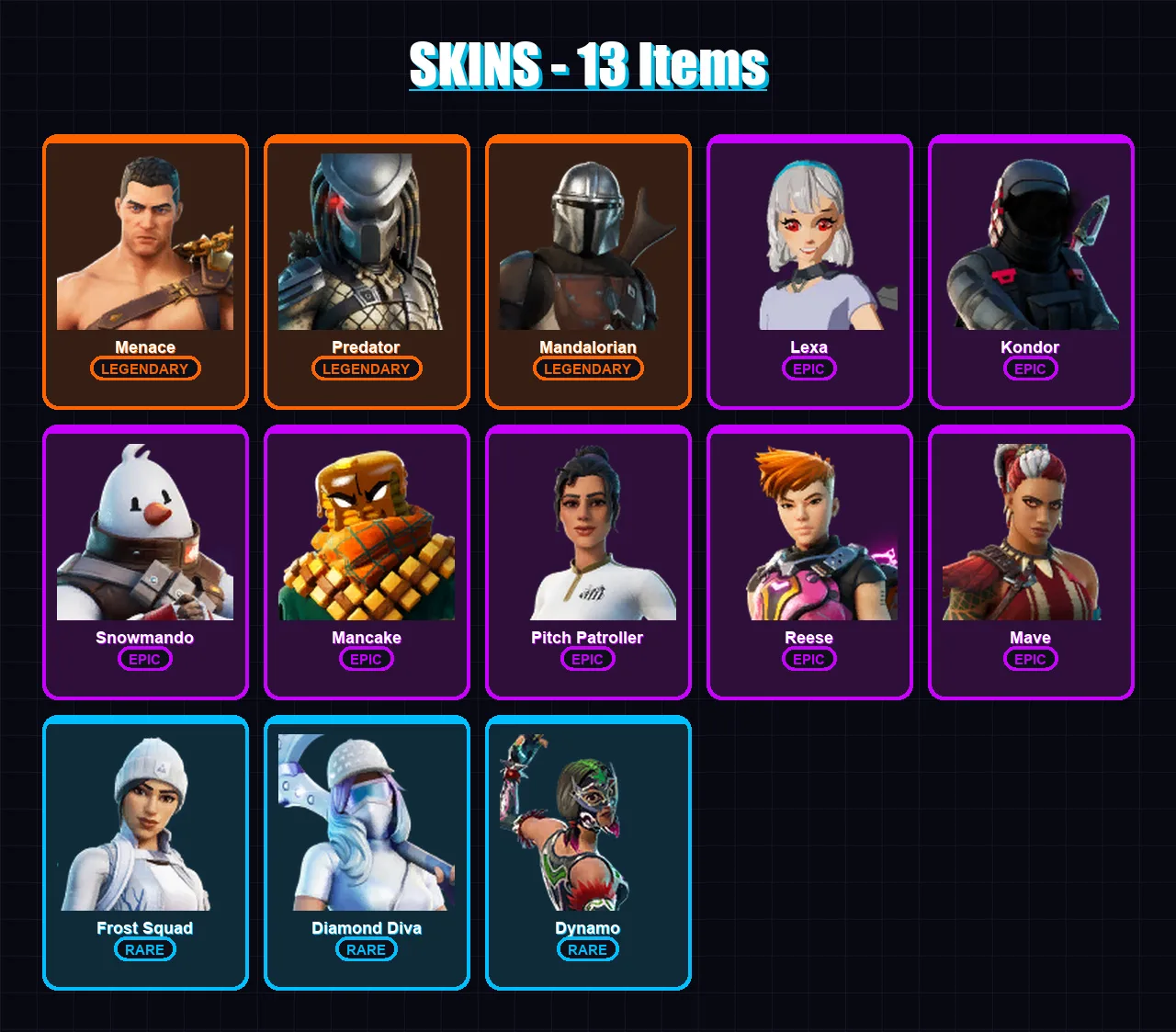 [PC/XBOX/PSN] | Menace | Predator | Mandalorian | Lexa | Kondor | 13 skin | 13 pickaxe | 14 emote | 11 glider | Lv157 — Fortnite account