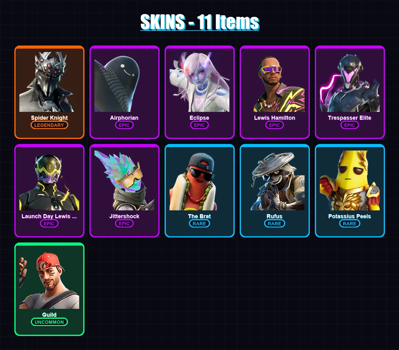 [PC/XBOX/PSN] | Spider Knight | Airphorian | Eclipse | Lewis Hamilton | Trespasser Elite | 11 skin | 10 pickaxe | 15 emote | 9 glider | Lv100