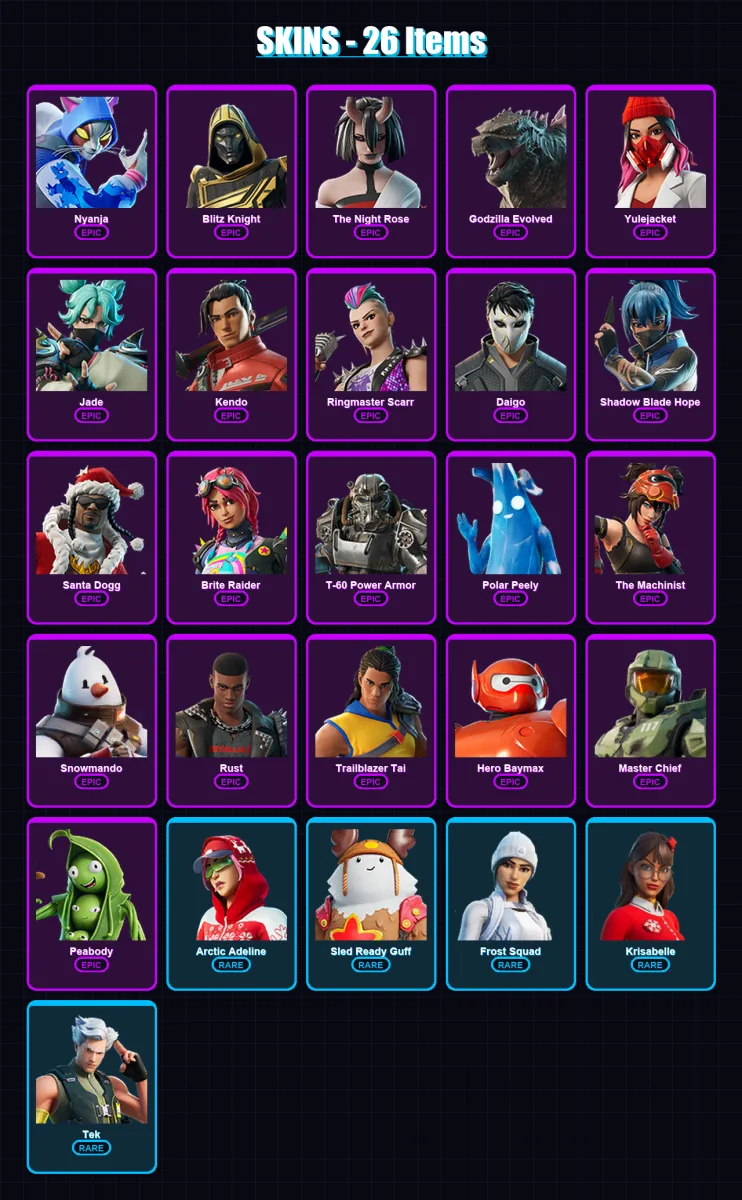 [PC/PSN] | Nyanja | Blitz Knight | The Night Rose | Godzilla Evolved | Yulejacket | 26 skin | 85 pickaxe | 61 emote | 77 glider | Lv1869