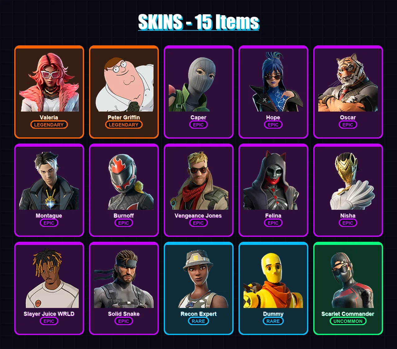 [PC/XBOX/PSN] | Valeria | Peter Griffin | Caper | Hope | Oscar | 15 skin | 38 pickaxe | 24 emote | 30 glider | Lv509