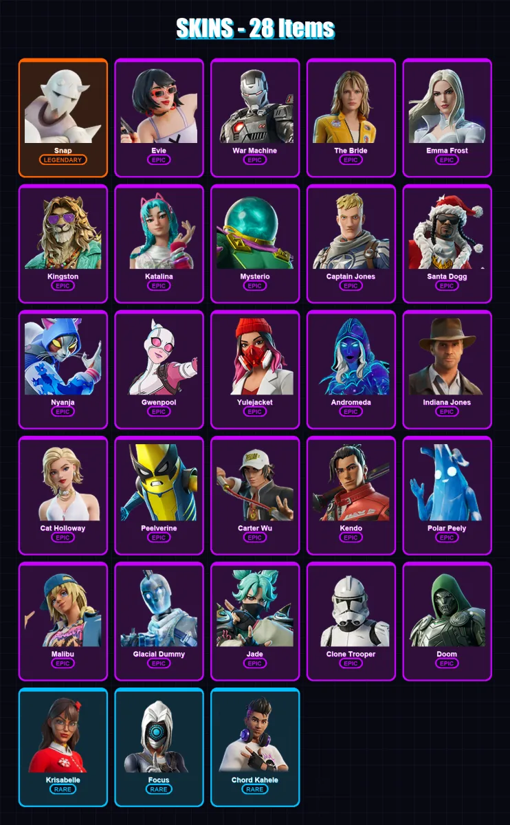 [PS4/PS5/XBOX/PC] | Snap | Evie | War Machine | The Bride | Emma Frost | 28 skin | 53 pickaxe | 35 emote | 38 glider | Lv574