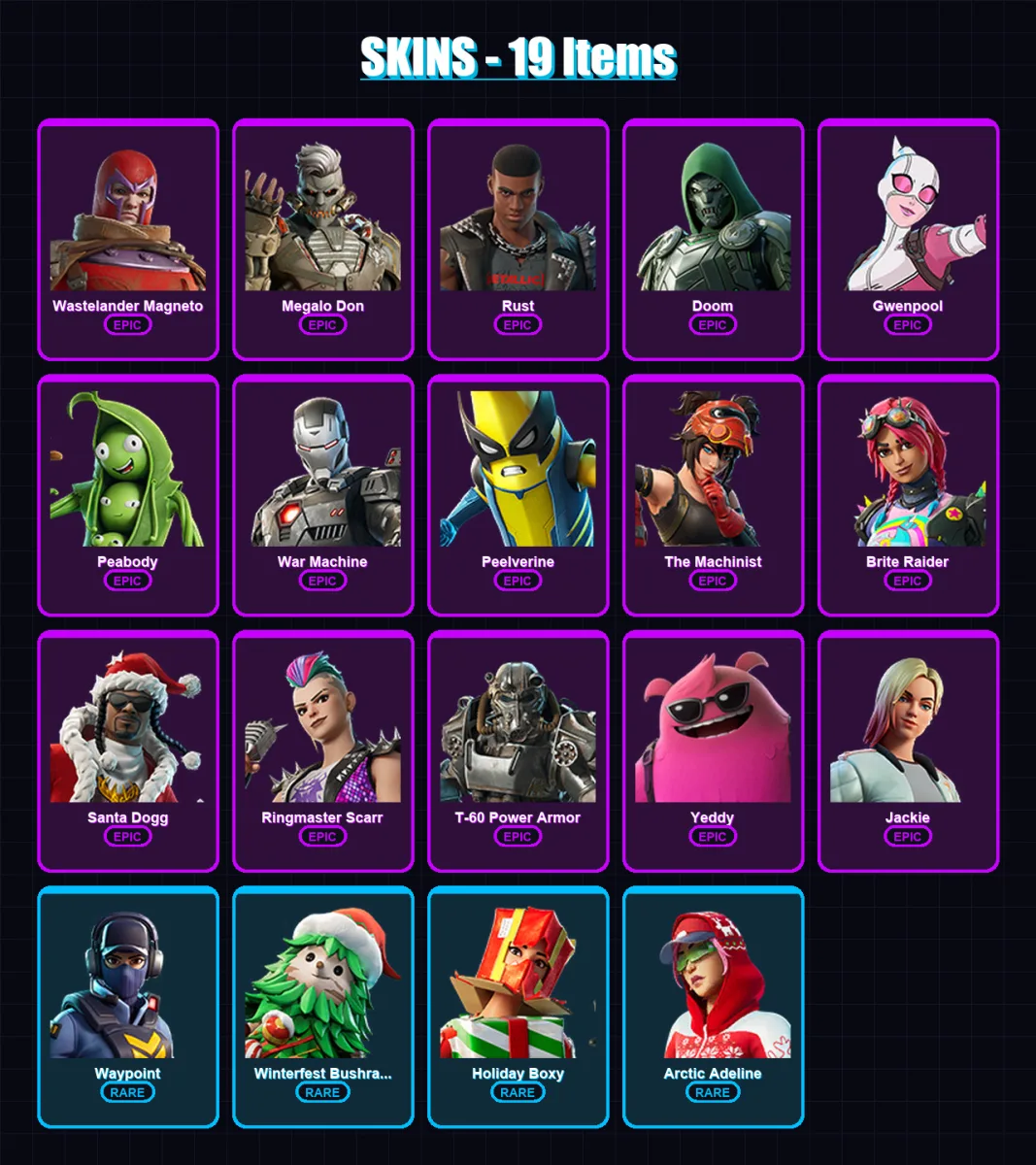 [PS4/PS5/XBOX/PC] | Wastelander Magneto | Megalo Don | Rust | Doom | Gwenpool | 19 skin | 50 pickaxe | 25 emote | 39 glider | Lv460
