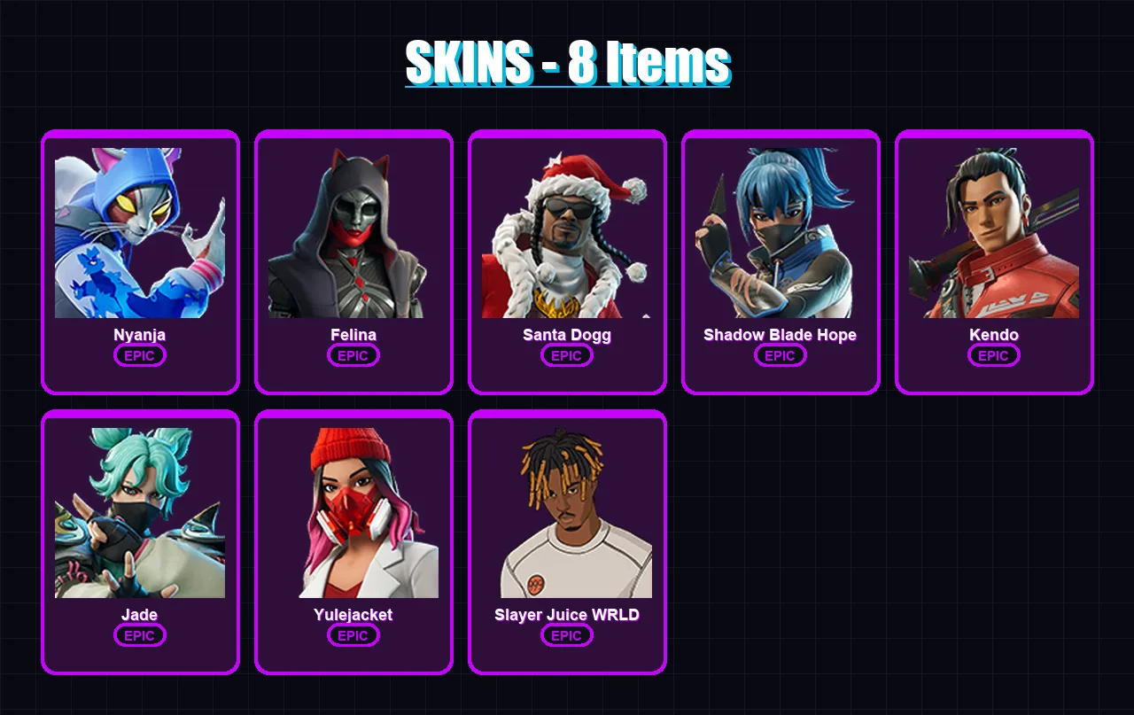 [PC/XBOX/PSN] | Nyanja | Felina | Santa Dogg | Shadow Blade Hope | Kendo | 8 skin | 33 pickaxe | 20 emote | 30 glider | Lv605