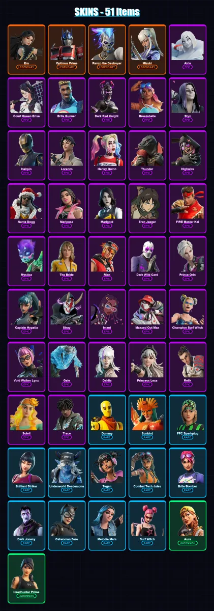 [PC/PSN] | Era | Optimus Prime | Renzo the Destroyer | Mizuki | Airie | 51 skin | 74 pickaxe | 37 emote | 36 glider | Lv623