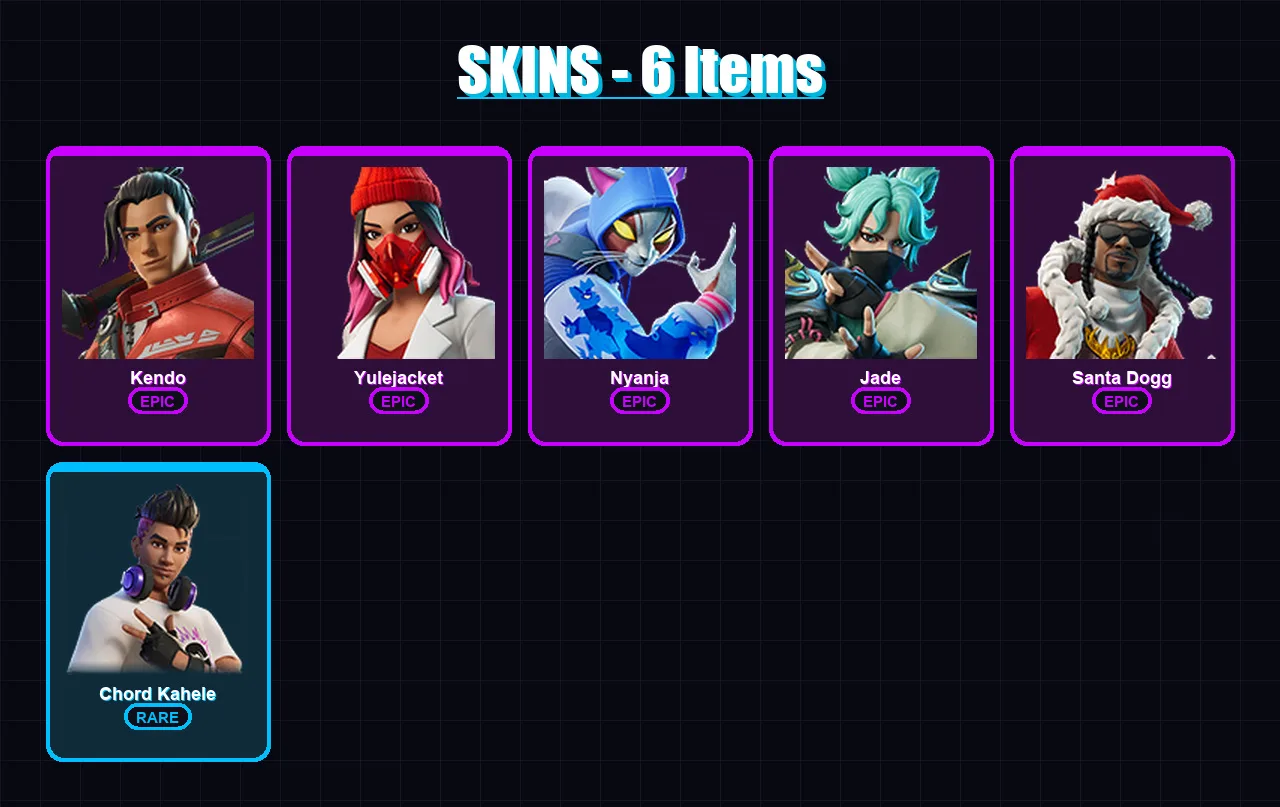 [PC/XBOX/PSN] | Kendo | Yulejacket | Nyanja | Jade | Santa Dogg | 6 skin | 11 pickaxe | 9 emote | 9 glider | Lv66