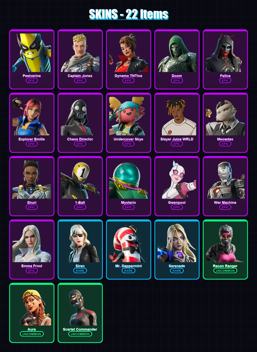 [PC/XBOX/PSN] | Peelverine | Captain Jones | Dynamo TNTina | Doom | Felina | 22 skin | 52 pickaxe | 28 emote | 36 glider | Lv962