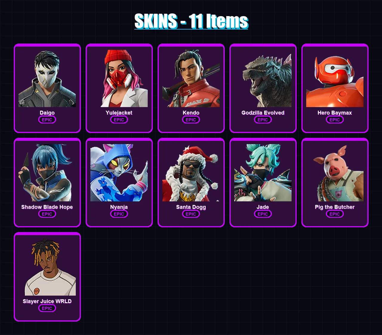 [PC/PSN] | Daigo | Yulejacket | Kendo | Godzilla Evolved | Hero Baymax | 11 skin | 65 pickaxe | 31 emote | 39 glider | Lv540