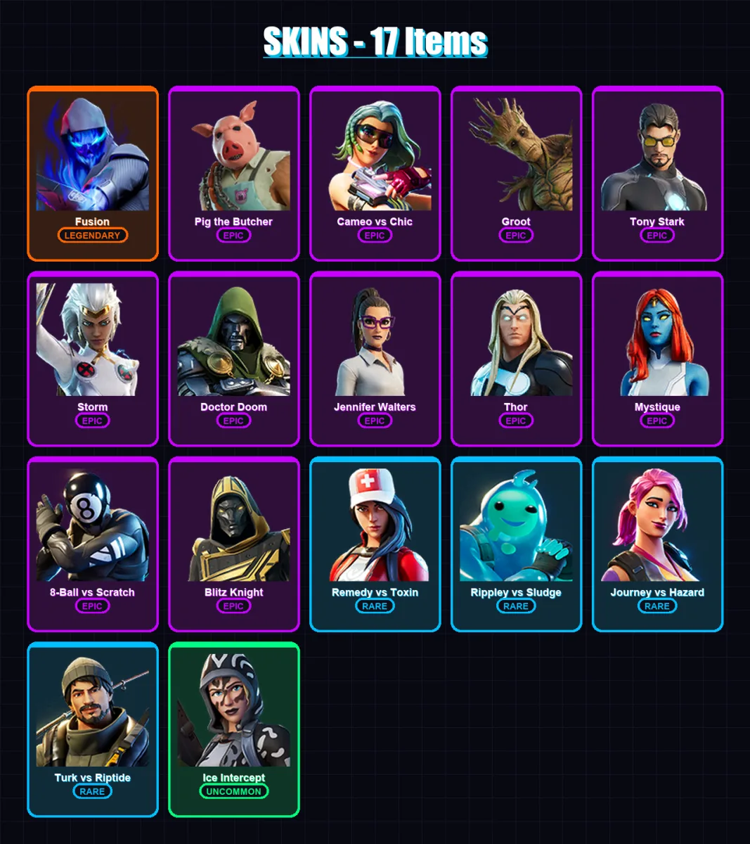 [PC/XBOX/PSN] | Fusion | Pig the Butcher | Cameo vs Chic | Groot | Tony Stark | 17 skin | 45 pickaxe | 26 emote | 38 glider | Lv635 — Fortnite account