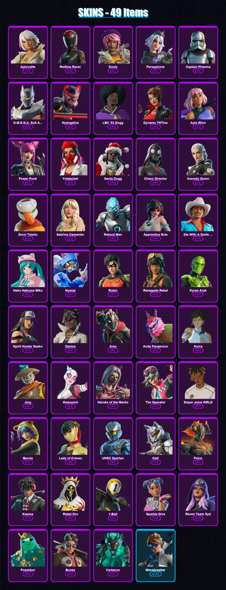 [PC] | Aphrodite | Redline Racer | Sonia | Persephone | Captain Phasma | 49 skin | 48 pickaxe | 17 emote | 17 glider | Lv245