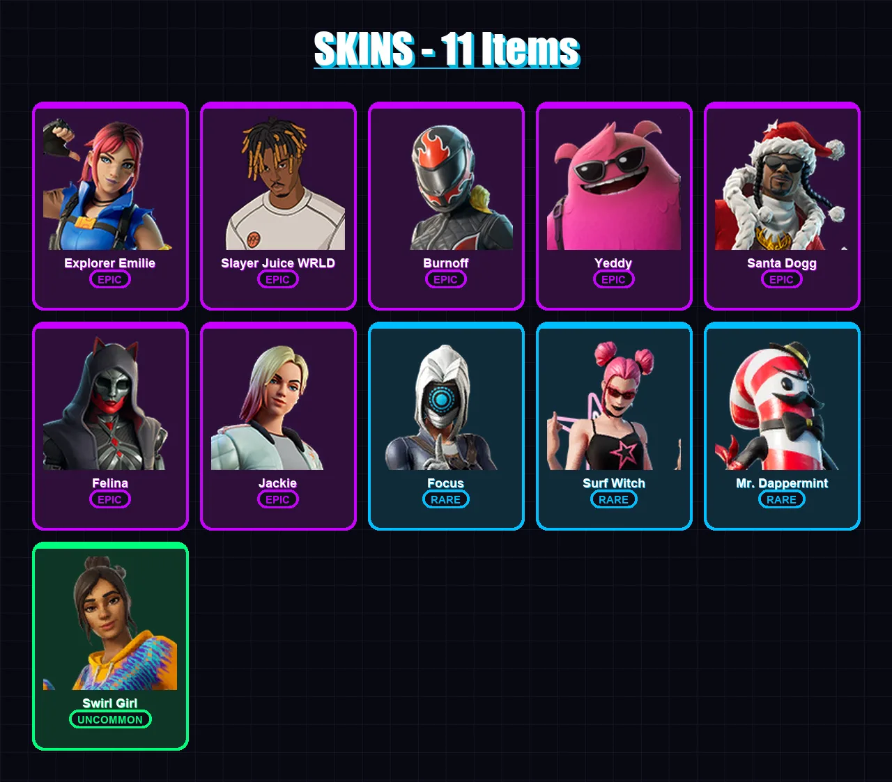 [PC/PSN] | Explorer Emilie | Slayer Juice WRLD | Burnoff | Yeddy | Santa Dogg | 11 skin | 53 pickaxe | 18 emote | 35 glider | Lv529