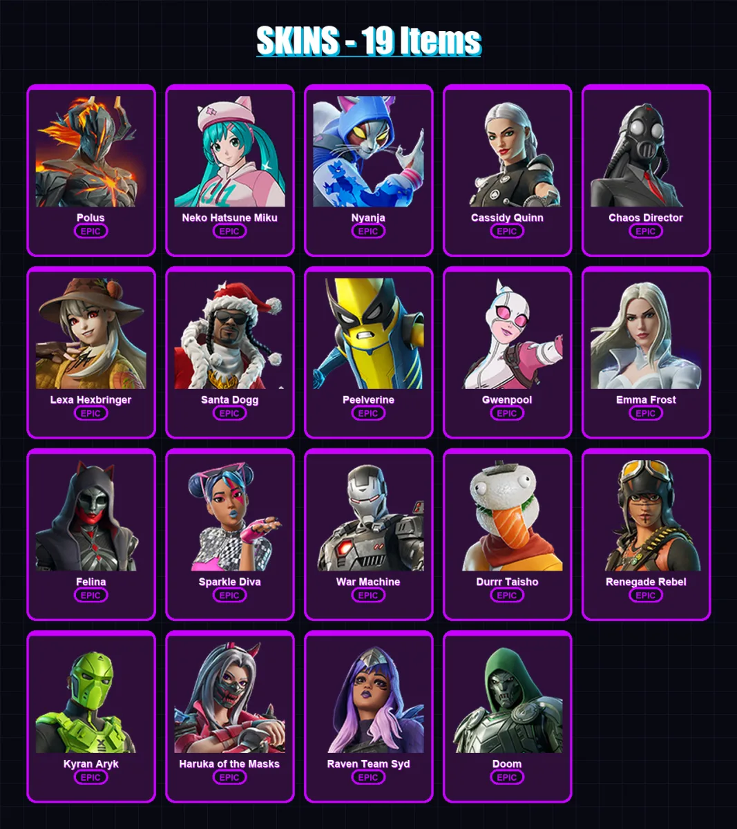 [SWITCH/XBOX/PSN/PC] | Polus | Neko Hatsune Miku | Nyanja | Cassidy Quinn | Chaos Director | 19 skin | 26 pickaxe | 15 emote | 15 glider | Lv111