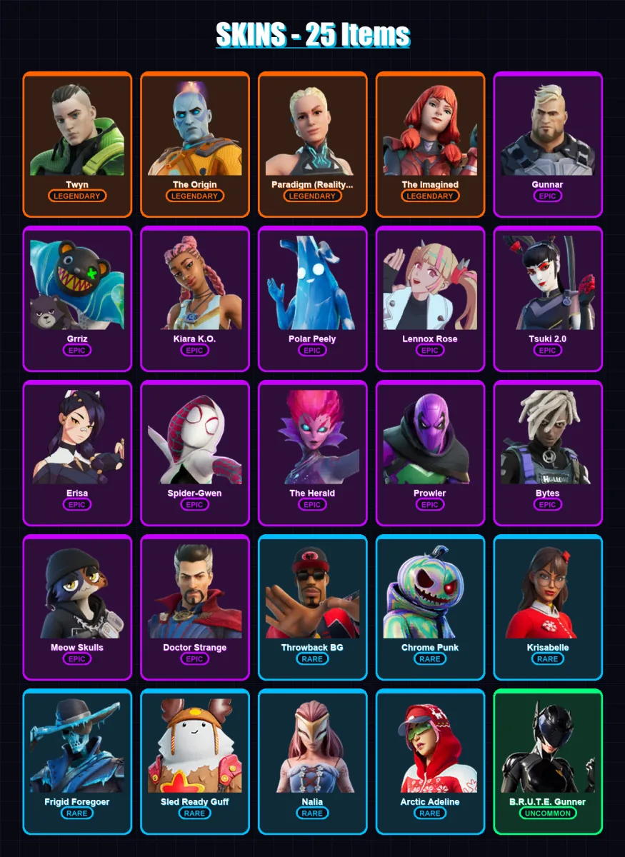 [SWITCH/XBOX/PSN/PC] | Twyn | The Origin | Paradigm (Reality-659) | The Imagined | Gunnar | 25 skin | 36 pickaxe | 27 emote | 37 glider | Lv672