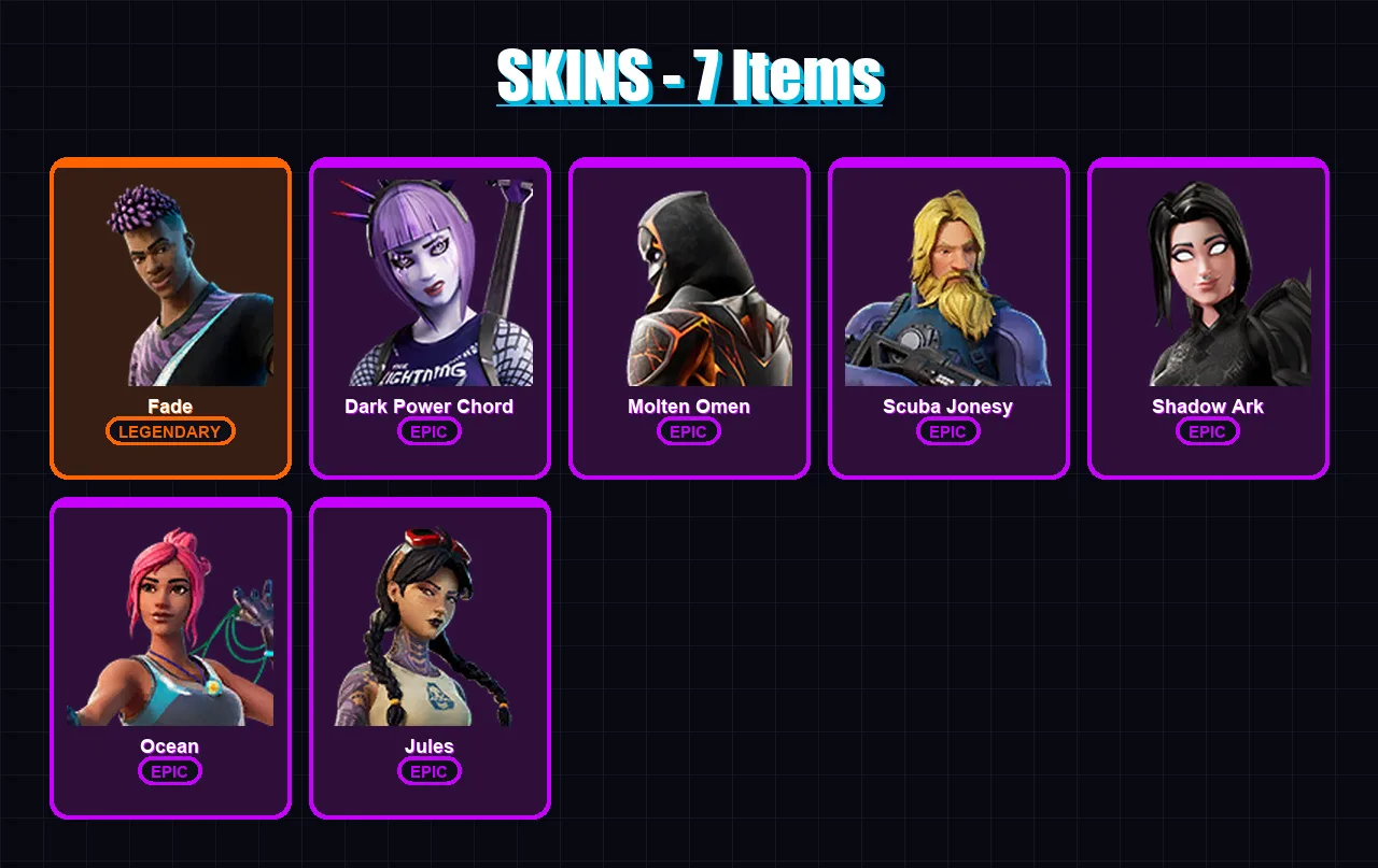 [SWITCH/XBOX/PSN/PC] | Fade | Dark Power Chord | Molten Omen | Scuba Jonesy | Shadow Ark | 7 skin | 8 pickaxe | 6 emote | 8 glider | Lv73