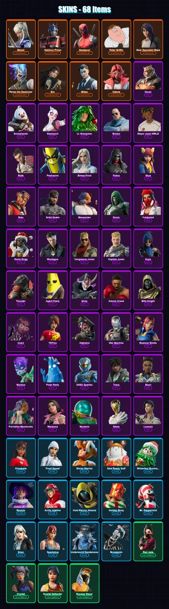 [PC/XBOX] | Mizuki | Optimus Prime | Deadpool | Peter Griffin | Gear Specialist Maya | 68 skin | 156 pickaxe | 110 emote | 123 glider | Lv2930