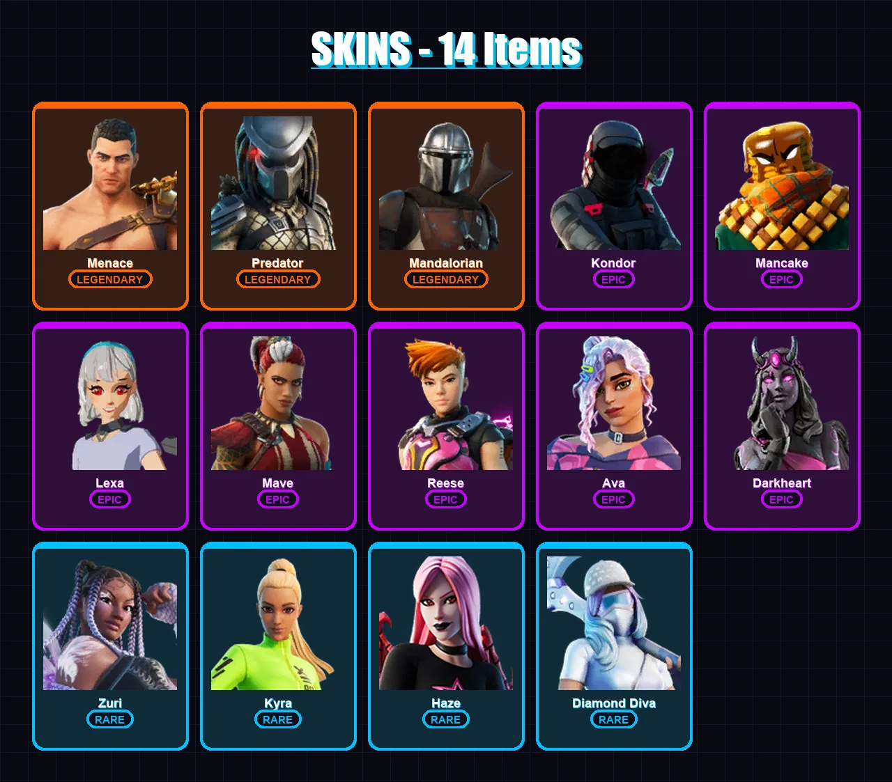 [SWITCH/XBOX/PSN/PC] | Menace | Predator | Mandalorian | Kondor | Mancake | 14 skin | 21 pickaxe | 36 emote | 27 glider | Lv555