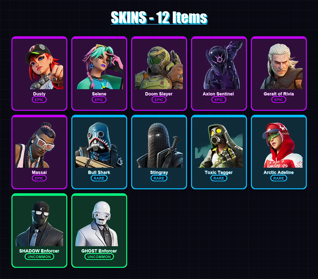 [PC/XBOX/PSN] | Dusty | Selene | Doom Slayer | Axion Sentinel  | Geralt of Rivia | 12 skin | 13 pickaxe | 11 emote | 13 glider | Lv106