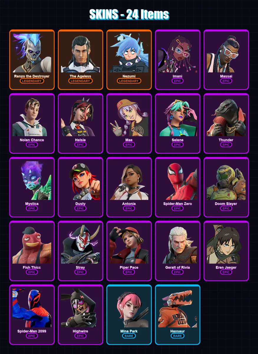 [PC/XBOX/PSN] | Renzo the Destroyer | The Ageless | Nezumi | Imani | Massai | 24 skin | 52 pickaxe | 30 emote | 41 glider | Lv495