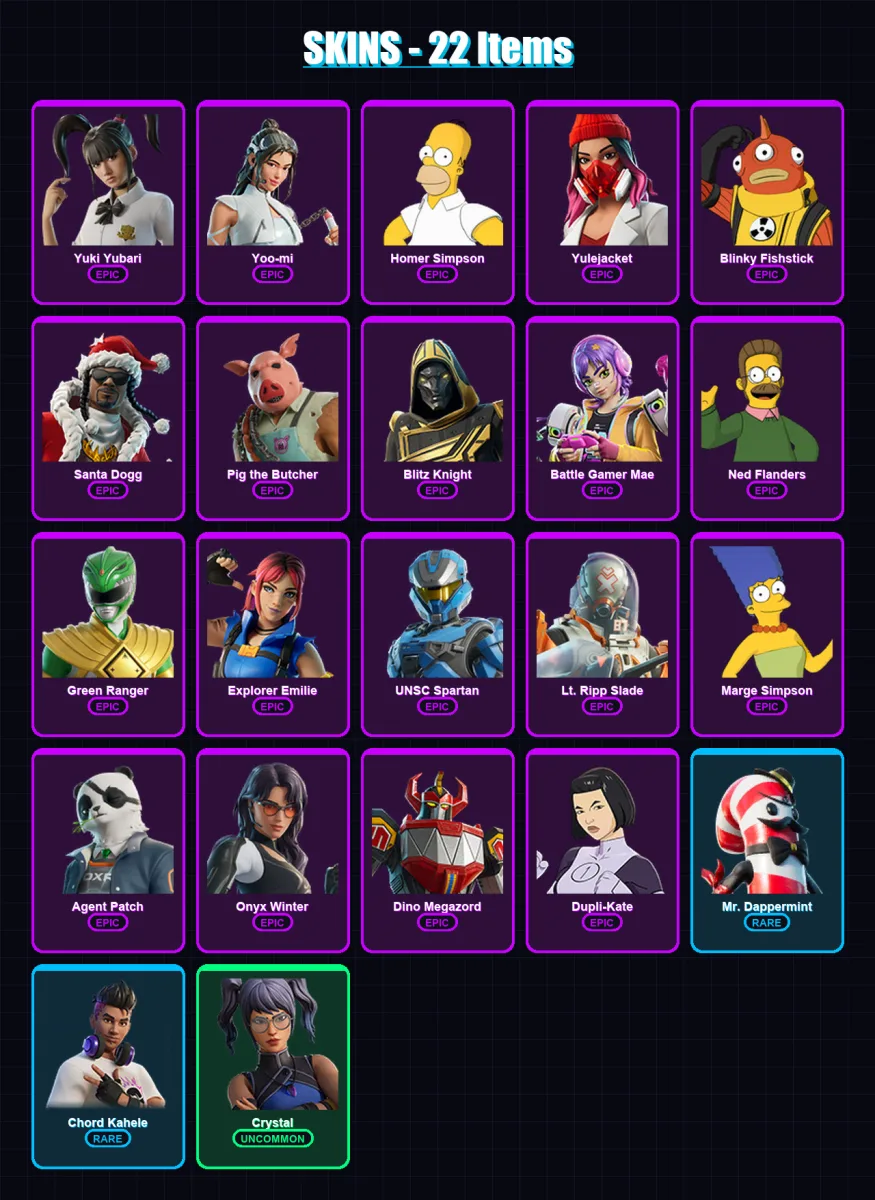 [PS4/PS5/PC] | Yuki Yubari | Yoo-mi | Homer Simpson | Yulejacket | Blinky Fishstick | 22 skin | 70 pickaxe | 30 emote | 43 glider | Lv609