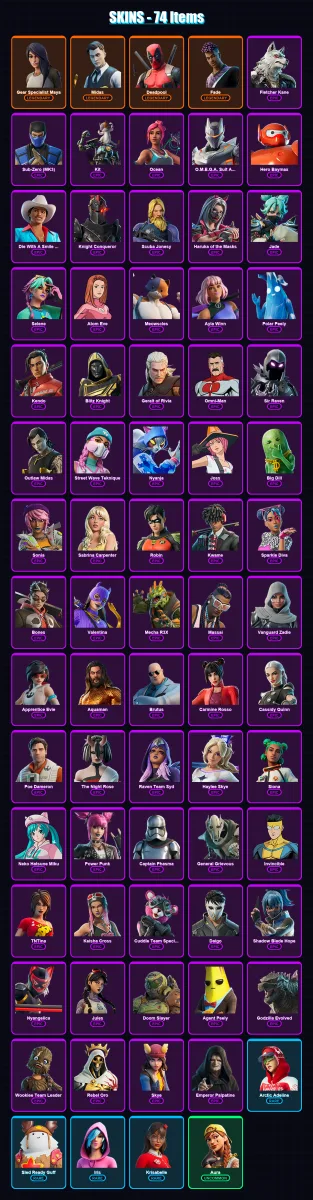 [PC/XBOX] | Gear Specialist Maya | Midas | Deadpool | Fade | Fletcher Kane | 74 skin | 84 pickaxe | 73 emote | 64 glider | Lv707