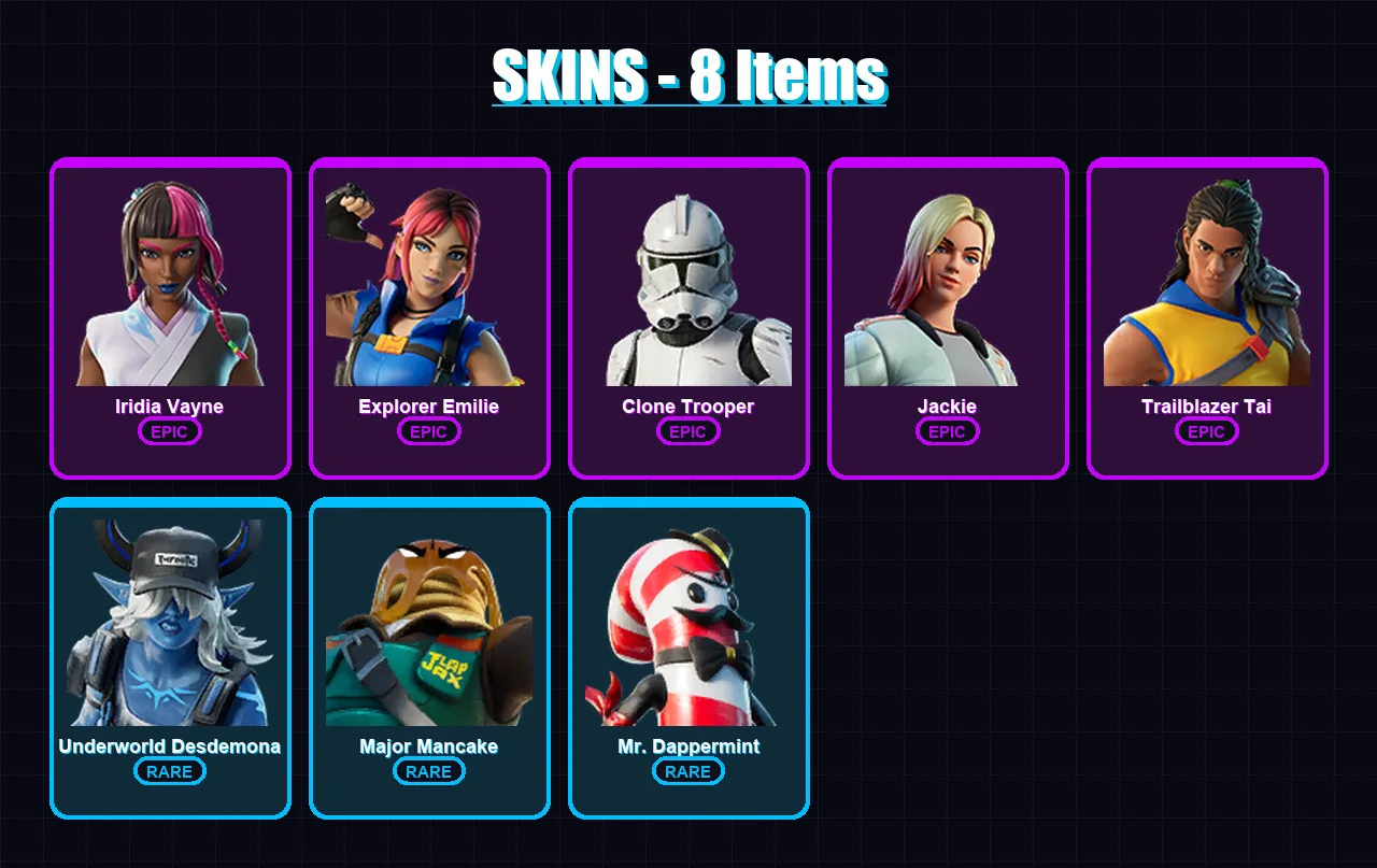 [PS4/PS5/XBOX/PC] | Iridia Vayne | Explorer Emilie | Clone Trooper | Jackie | Trailblazer Tai | 8 skin | 33 pickaxe | 39 emote | 35 glider | Lv992