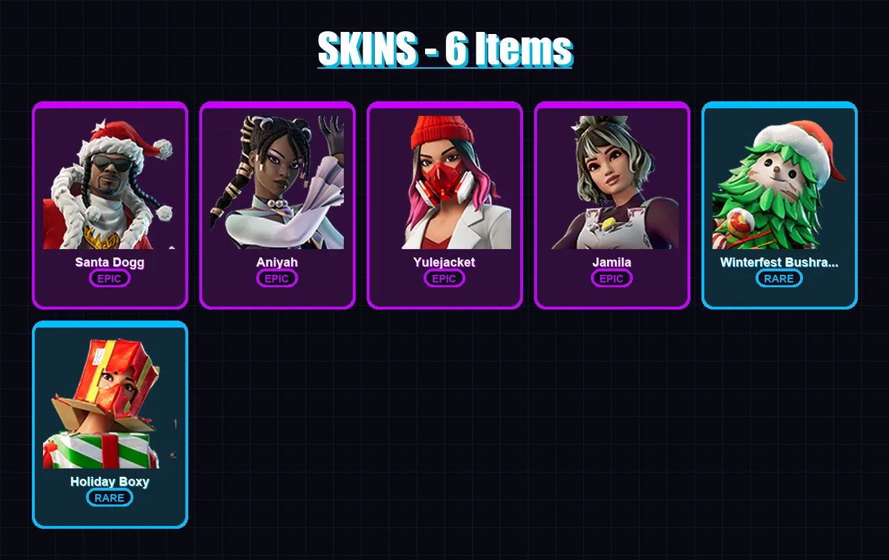 [PC/XBOX/PSN] | Santa Dogg | Aniyah | Yulejacket | Jamila | Winterfest Bushranger | 6 skin | 9 pickaxe | 1 emote | 9 glider | Lv33