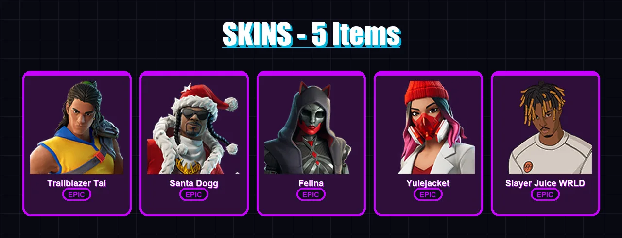 [PS4/PS5/XBOX/PC] | Trailblazer Tai | Santa Dogg | Felina | Yulejacket | Slayer Juice WRLD | 5 skin | 23 pickaxe | 9 emote | 17 glider | Lv153