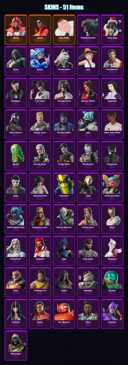 [SWITCH/XBOX/PSN/PC] | Valeria | Joltara | Peter Griffin | Godzilla Evolved | Santa Dogg | 51 skin | 97 pickaxe | 62 emote | 71 glider | Lv1372