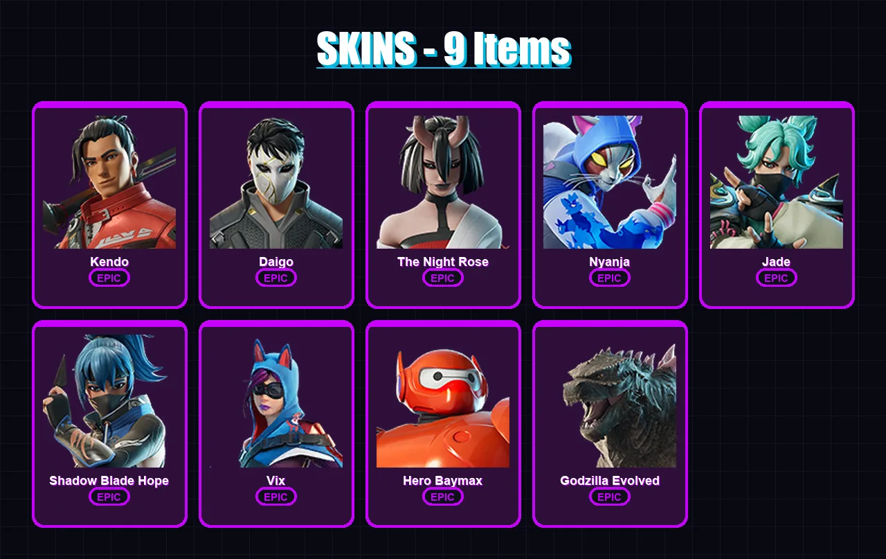 [PC/XBOX/PSN] | Kendo | Daigo | The Night Rose | Nyanja | Jade | 9 skin | 19 pickaxe | 13 emote | 15 glider | Lv246