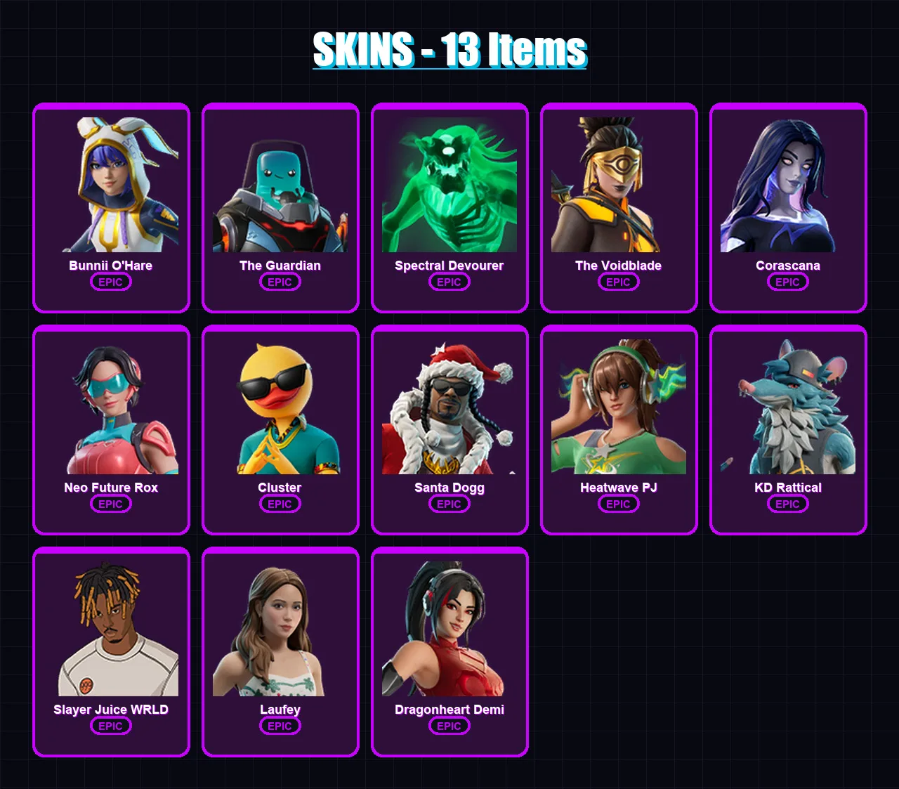 [PC/PSN] | Bunnii O'Hare | The Guardian | Spectral Devourer | The Voidblade | Corascana | 13 skin | 30 pickaxe | 15 emote | 20 glider | Lv128