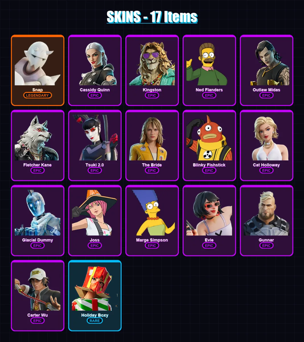 [PC/PSN] | Snap | Cassidy Quinn | Kingston | Ned Flanders | Outlaw Midas | 17 skin | 47 pickaxe | 23 emote | 34 glider | Lv419