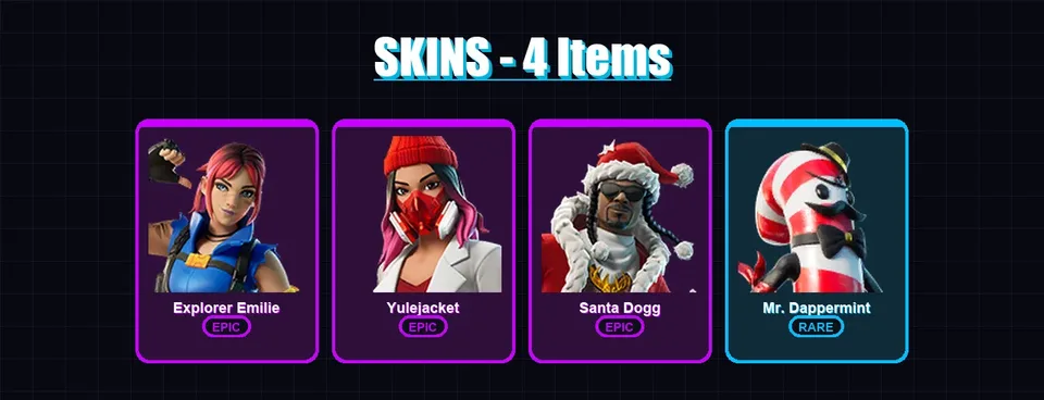 [PC/XBOX/PSN] | Explorer Emilie | Yulejacket | Santa Dogg | Mr. Dappermint | 4 skin | 2 pickaxe | 2 emote | 1 glider | #04403 — main preview
