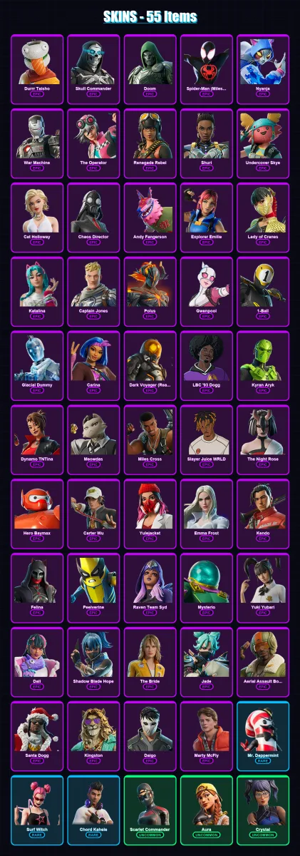 [PS4/PS5/PC] | Durrr Taisho | Skull Commander | Doom | Spider-Man (Miles Morales) | Nyanja | 55 skin | 79 pickaxe | 50 emote | 44 glider | Lv722