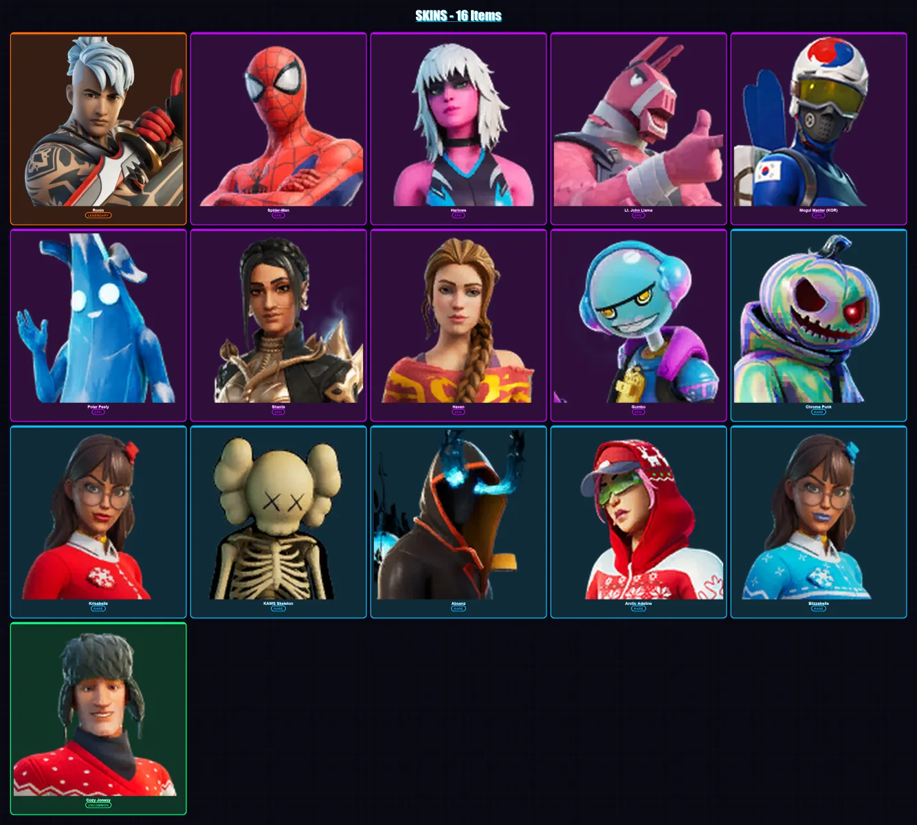 [PC/XBOX] | Ronin | Spider-Man | Harlowe | Lt. John Llama | Mogul Master (KOR) | 16 skin | 39 pickaxe | 26 emote | 37 glider | Lv602 — Fortnite account